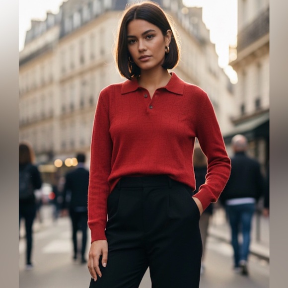 Geoffrey Beene Tops - Geoffrey Beene Red Cropped Polo Sweater - Long Sleeve - Textured Knit - Size M